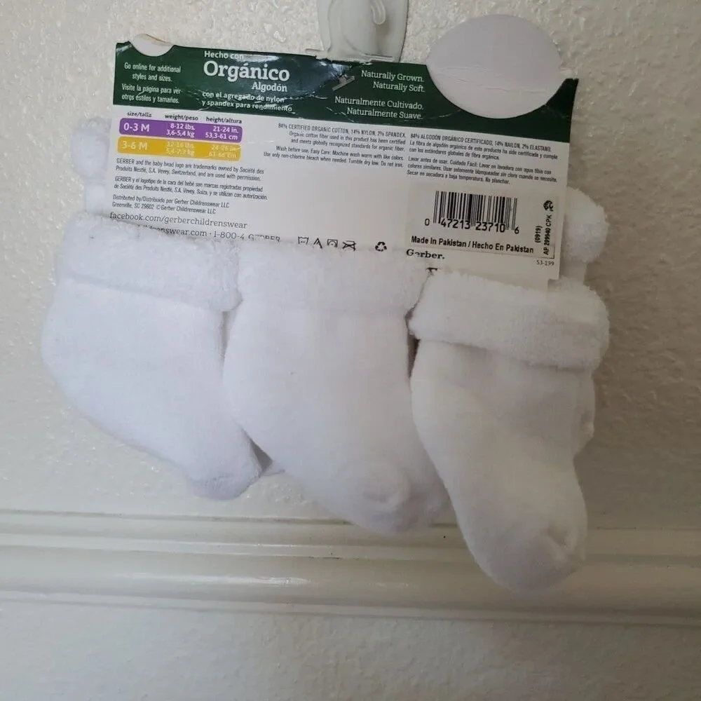 Gerber Baby White Socks Boys & Girls Plush 6 Pack Size 3-6 Months Organic Cotton
